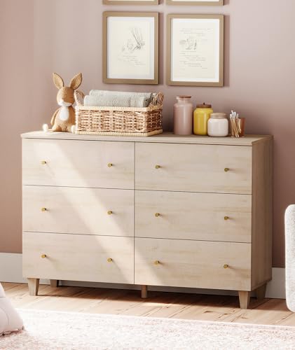 Image of WAMPAT 6-Drawer Dresser for Bedroom, Modern Chest of Drawers with Gold Knobs, 47.2 Inch Wide Light Oak Wood Finish Storage Organizer for Kids Room, Living Room, Nursery