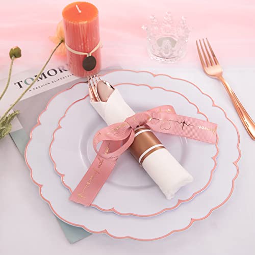 Ciaell 175Pcs Rose Gold Plastic Plates - Baroque Rose Gold Disposable Plates Including 50 Rose Gold Party Plates, 25 Pack Rose Gold Pre Rolled Napkins And 25 Cups For Wedding & Party #TOP1