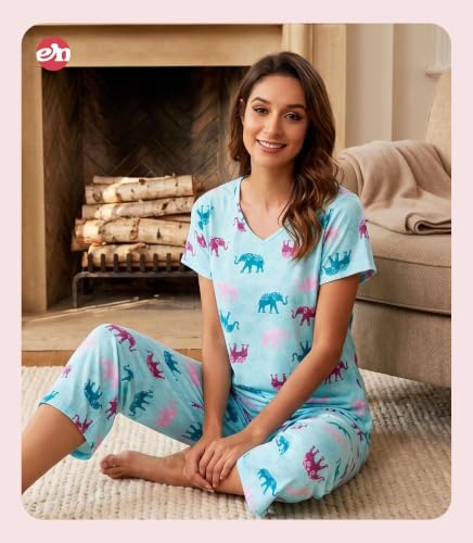 Image of ENJOYNIGHT Womens Pajama Sets Cotton Pj Set Short Sleeve Top With Capri Pants Sleepwear 2 Piece Lounge Set