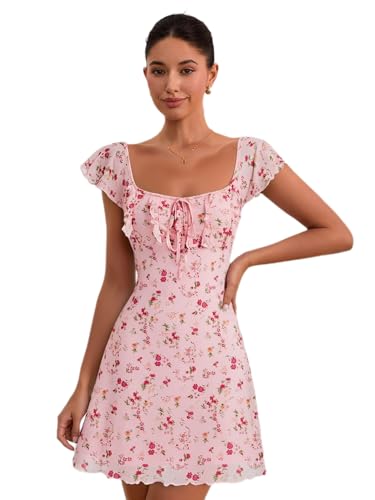 Image of Floerns Women's Floral Print Cap Sleeve Dress Square Neck Tie Front Summer A Line Cute Mini Dresses