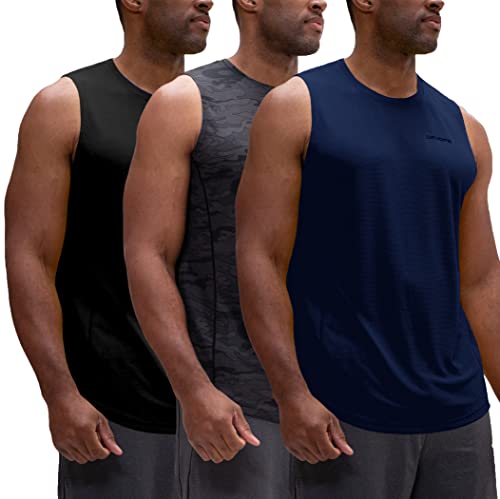 DEVOPS 3 Pack Sleeveless Men's Muscle Shirts Dry Fit Tank Top (3X-Large, Black/Camo Black/Navy)