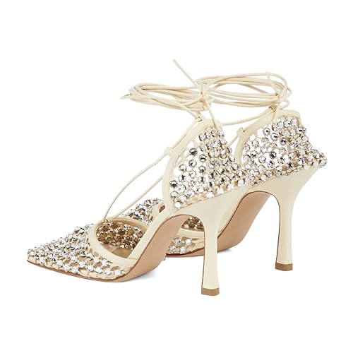 XYD Women Square Toe Rhinestones Studded Pumps Fishnet Openwork Ankle Wrap Strappy Sandals D'Orsay Prom Dance Sexy Shoes4