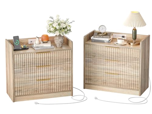 TIQLAB Bed Side Table with Charging Station Set of 2, 3 Drawers Fluted Night Stand with Round Curved Top Shelf, 26.6" Nightstand for Bedroom, 3-Tier Storage Drawers End Table, for Living Room, Maple