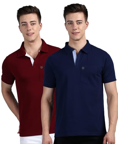 Image of Lux Cozi Men Cotton Regular Fit Polo Neck Half Sleeve Solid Casual T-Shirt with Chest Pocket | Pack of 2 |