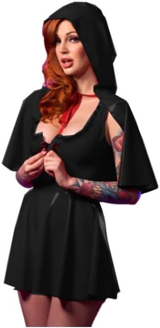 Deep U-Neck Lace-up Mini Dress with Hooded Cape Shiny PVC Halloween Party Tank Dress Sets Cosplay Riding Hood Costume Deep U-Neck Lace-up Mini Dress with Hooded Cape Shiny PVC Halloween Party Tank Dress Sets Cosplay Riding Hood Costume