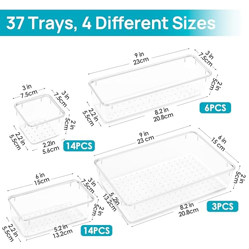 Clear Plastic Drawer Organizers Set for Bathroom, Vanity, Kitchen and Office - 37 PCS