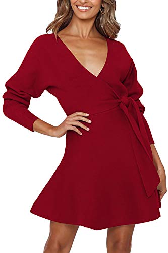 Meenew Women's Long Sleeve Mini Flowy Dress Wrapped V Neck Sweater Dress Ruby S