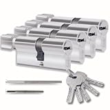 Lot de 4 cylindres 40/40 mm avec bouton – 8 vis – 10 clés incluses – Montable facilement – Clé universelle pour tous les cylindres – Longueur 80 mm