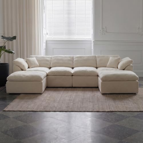 Image of Cloud Couch Sectional for Living Room, Modular U Shaped Boneless Sofa with Chaise, Compressed No Assembly Couch, Deep Seat Chenille Upholstered Convertible Sofa Bed(U-Shaped Pearl White)