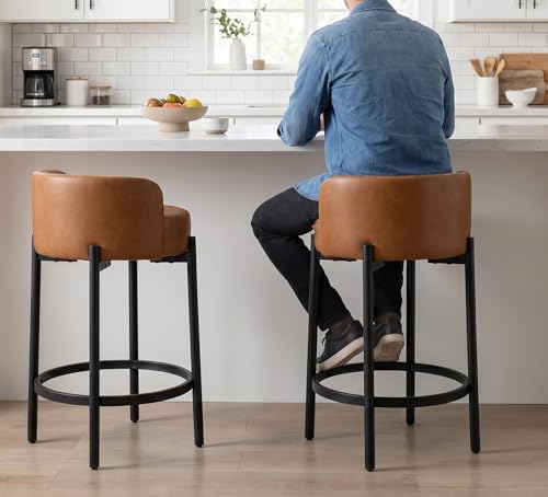 Image of CIMOTA Bar Stools Set of 2, PU Leather Counter Height Barstools with Low Back and Black Thickened Metal Legs, 26 Inch Modern Island Chairs for Kitchen Island, Bar(Brown, 2Pcs 26 inch Counter Stools)