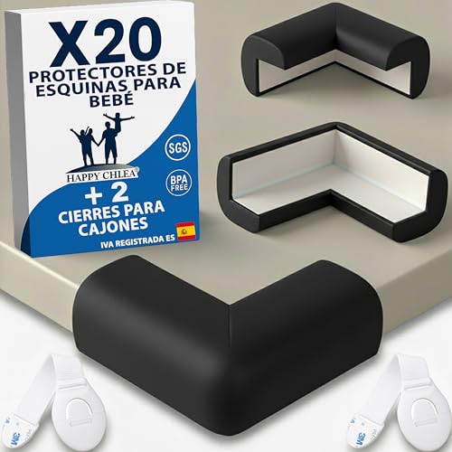 HAPPY CHLEA® 20 x Protector Esquinas Bebe de Goma con Tecnología de Espuma Activa, Protectores para Niños y 2 x Cierre Seguridad Cajónes Bebe, Esquineras para Cama, Mesa, Muebles, Esquinas (Negro)