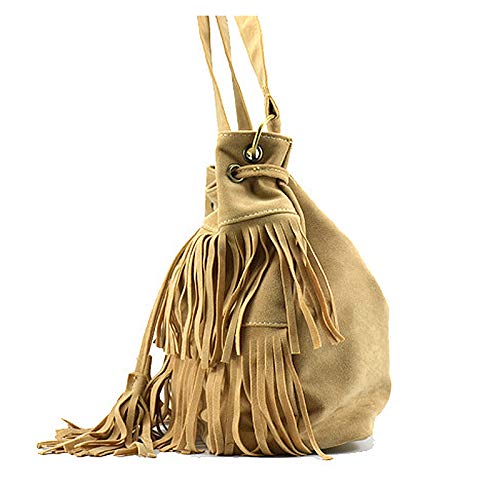 CLARA Women Faux Suede Tassel Fringe Bucket Bag Hippie Shoulder Bag Crossbody Bag4