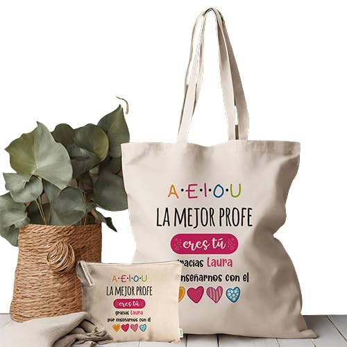 Pack regalo profesor tote bag y neceser personalizado nombre alumnos recuerdo fin de curso detalle original escuela colegio maestro educación primaria infantil Vocales