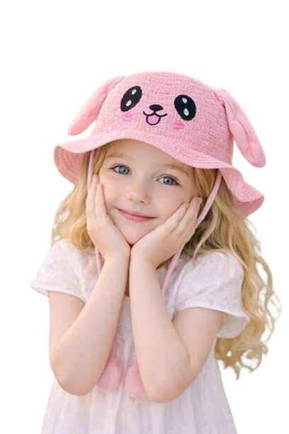 Image of FabSeasons Kids Cute Straw Sun Hat with Moving Ears (Ages 4-8 Years) | UV Protection, Wide Brim, Foldable, Beach Bucket Cap | Girls & Boys Breathable Summer Sun Hat with Inner Adjustable String