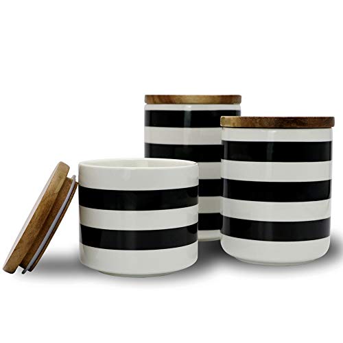 Sunddo Ceramic Canister Set with Bamboo Lid Perfect Coffee Tea Food Storage Candy Sugar Canisters - Modern Design Porcelain Jar Kitchen ContainerGift for WomenRound White and Black Set of 3