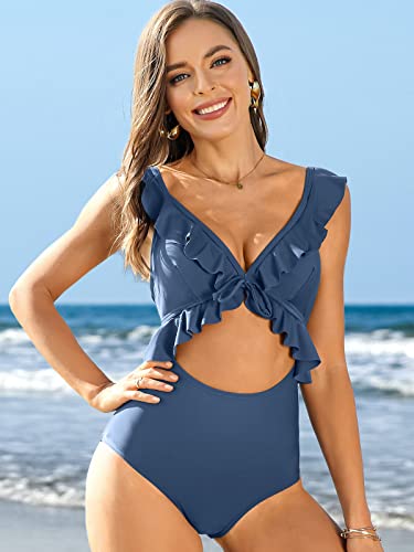 Sociala Swimsuit Women Ruffle Sexy One Piece Swimsuits Cut Out Bathing Suits For Swimwear(Medium, Blue) #TOP4