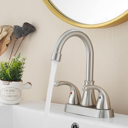 Image of Brushed Nickel Bathroom Sink Faucet 4 Inch Faucet 2 Handle with Pop-up Drain Stopper and Supply Hoses(Set of 2)