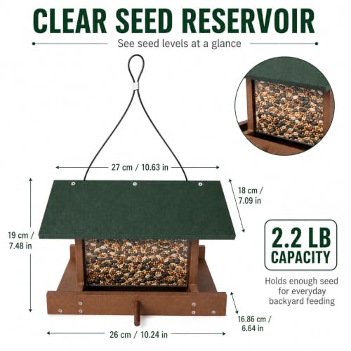 Bird Feeders for Outdoors Hanging, Recycled HDPE Bird Feeder with 2.2 LB Capacity, Clear Seed Reservoir, Flip-Top Roof for Easy Refilling, No Assembly Required, Weatherproof Wild Bird Feeder by Predimeza - Used condition - Image 4