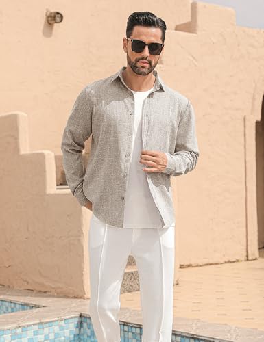 LETSEE Men's Linen Blend Button Down Shirt – Lightweight Long Sleeve Casual Shirt for Beach, Vacation & Wedding Stone — view 2