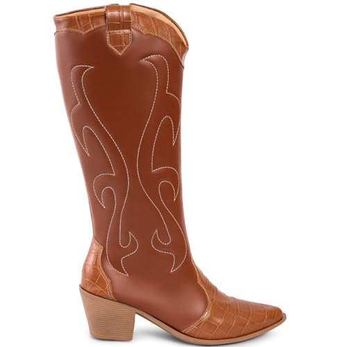 Bota Feminina Texana Bordada Western Bico Fino Confortável caramelo36