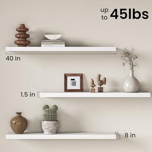 Image of Fun Memories 40Inch Floating Shelves for Wall, 8 Inch Deep Shelves for Bathroom|Bedroom|Kitchen, Large Wall Mounted Wood Hanging Shelf with Invisible Brackets for Home Storage Decor, White - 2 Pack