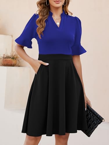 Image of Mokayee Womens Summer V Neck Ruffle Short Sleeve Fit and Flare Knee Length Church Wedding Guest Dresses with Pockets