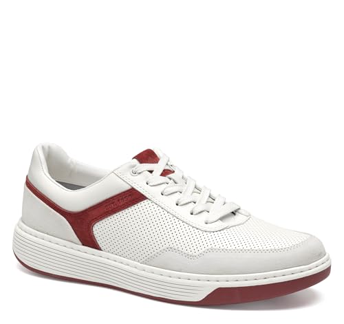Johnston & Murphy Dawson Moctoe U-Throat Casual Athletic Sneaker, White Full Grain/Red Suede, 12 M