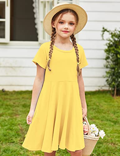 Arshiner Girls Twirl Dress Solid Color Cotton Stretchy Skater Swing Basic School Dress Yellow 130 8-9Y Retro #TOP2