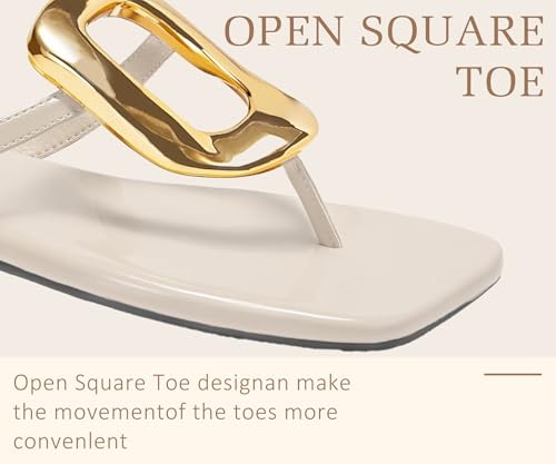 Womens Summer Square Toe Flip Flops Flat Sandals Slip On Shoes Slide Sandals with Gold Metal Decoration Dressy 20254