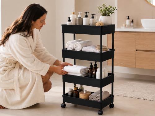 Image of 4 Layer Multipurpose Storage Rack with Plastic Pipe, Kitchen Trolley, Rolling Storage Cart with Wheels, Multipurpose Storage Rack, Kitchen Organizer Rack, Multipurpose Trolley (Black) (Black, 4 Layer)
