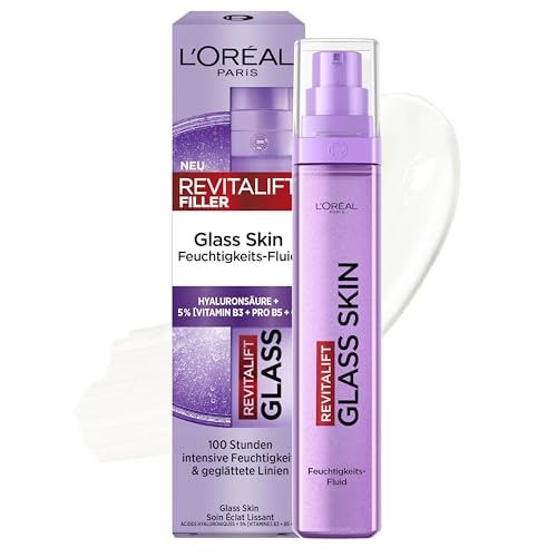 LOréal Paris Glass Skin Feuchtigkeits-Fluid für aufgepolsterte & glowy Haut mit Hyaluronsäure + 5% [Vitamin B3 + Pro B5 + C] glättendes Anti-Aging Gesichtsfluid Revitalift Filler 50ml