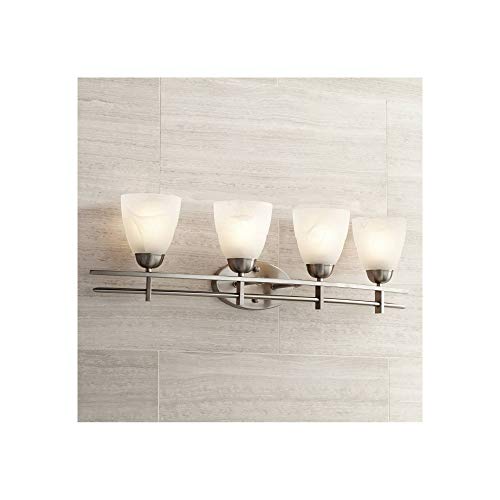 Cheapest 🛒 Art Deco Modern Wall Mount Light Brushed Nickel Silver Metal Hardwired 33" Wide 4-Light Fixture Trio Marbleized Glass Shades for Bathroom Vanity Mirror House Home Room Decor - Possini Euro Design