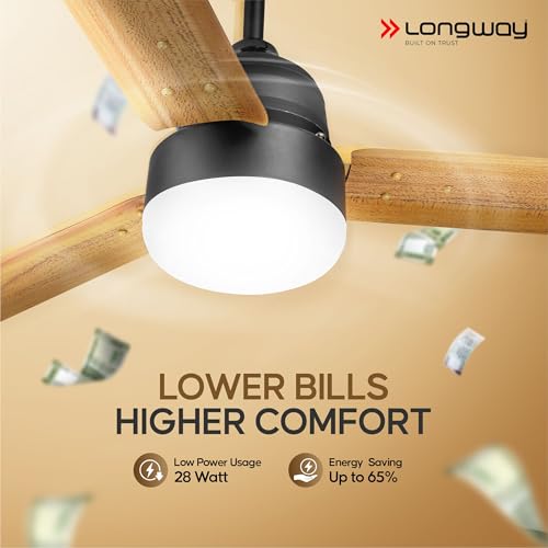 Image of LONGWAY Luminair Max 1200 mm BLDC Ceiling Fan with Remote Control & LED Light | BEE 5 Star Rated Energy Efficient | Ultra High Speed 3 Blade Anti-Dust Decorative | 5 Years Warranty (Golden Birch)