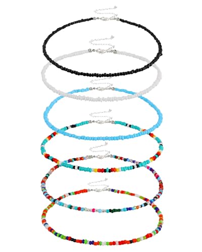 6 Pcs Choker Necklaces - Colorful Tiny Seed Beaded Necklace Boho Choker - Cute Beach Chain Jewelry for Women