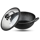 Vinod Legacy Pre-Seasoned Cast Iron Wok (Kadai) with Glass Lid,Deep Frying Pan Wok for Cooking, Non-Stick Cookware,Induction & Gas Compatible, Safe Grip Handle, Black (26cm. Diameter Black with Lid)