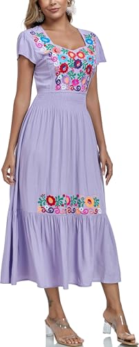 Image of Women's Summer Maxi Dress Casual Floral Embroidered Round Neck Short Sleeve Ruffle Tiered Dress Flowy Boho Beach Sundress