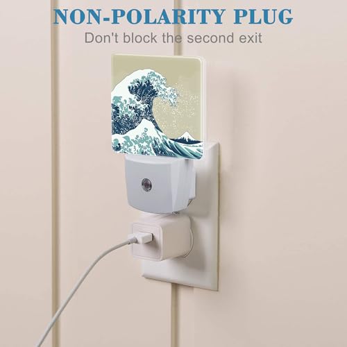 Image of Plug in Night Lights Japanese Great Wave Nightlight Plug Into Wall Dusk to Dawn Sensor LED Night Light for Kid Girls Boys Women Men Room Decor, Hallway, Kitchen, Bathroom, Nursery, Stairs