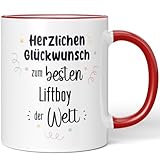 JUNIWORDS Tasse mit Motiv / Spruch: Herzlichen Glückwunsch zum besten Liftboy der Welt