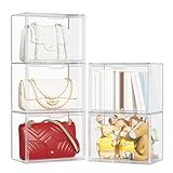 5 Pack Clear Handbag Storage Boxes with Magnetic Doors – Stackable Acrylic Purse Organizer for Closet Shelf, Transparent Display Case for Totes, Satchels, Books & Toys (14.17