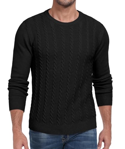Hisir - Pull pour homme - Tricot ajourd’hiver - Col rond - Manches longues - Chaud, Noir , M