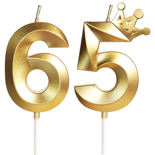 65th Birthday Candles for Cake, Number 65 Gold Candles with Crown, 3D Design Birthday Cake Topper for Girl Women Birthday Party Wedding Anniversary Celebration Decorations Supplies