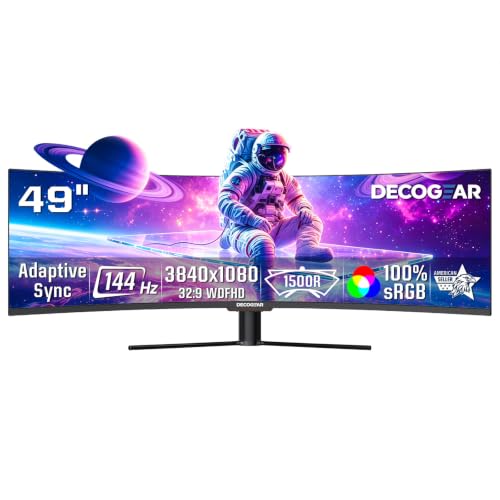 Deco Gear 49” Ultrawide Curved Monitor, 144Hz 32:9 Dual FHD 3840×1080, R1500, 3000:1 VA Super Wide Screen, Adaptive Sync, HDR400, USB-C 65W, 3ms, HDMI/DP, PBP/PIP KVM Work Gaming Display, Laptop & PC
