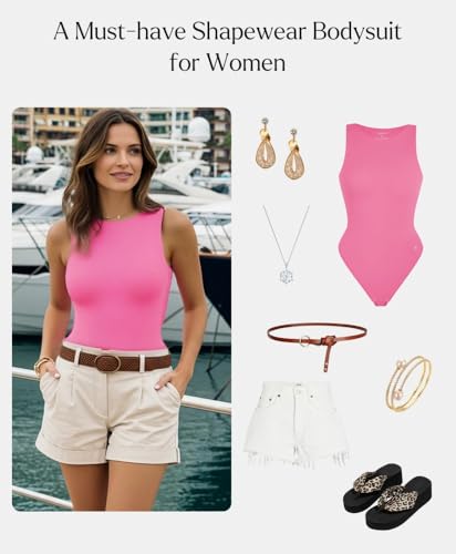 Image of Popilush Bodysuits for Women Scoop Neck Body Suits Sleeveless Thong Halter Cotton Casual Tank Top for Summer