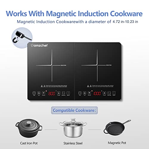 Double Induction Cooktop AMZCHEF Induction Cooker 2 Burners, Low Noise Electric Cooktops With 1800W Sensor Touch, 10 Temperature & Power Levels,Independent Control,3-hour Timer, Safety Lock - Image 6