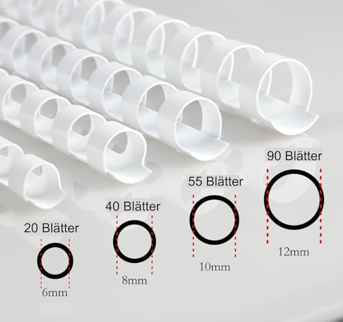 RAYSON Plastikbinderücken, Durchmesser 6 mm, 8 mm, 10 mm, 12 mm, Kapazität 5-90 Blatt, Weiß, Packung mit 100 Stück