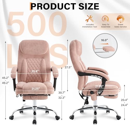 Image of 500LBS Massage Office Chair, 6 Points Vibration & Heat Executive Office Chairs, 135Reclining Comfy Desk Chair with Foot Rest, Wider & Thicker Seat Cushion, Fabric Big and Tall Gaming Chair, Pink
