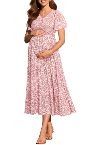 Floral Maternity Dress Photoshoot Baby Shower Easter Pregnancy Summer Pink Casual Flowy Midi Flutter Sleeve Dress 2025