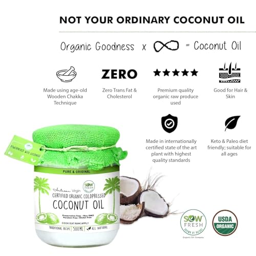 Image of Sow Fresh All Natural Extra Virgin Coconut Oil - 500ml Organic Cold Pressed Virgin Vegan Coconut Oil for Cooking, Hair & Skin Care and Oil Pulling - No Preservatives & No Sugar