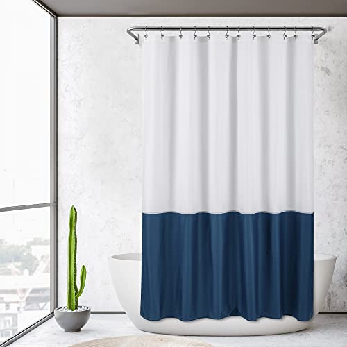 Image of ALYVIA SPRING Waterproof Fabric Shower Curtain Liner - Soft & Light-Weight Cloth Shower Liner, 3 Bottom Magnets, Hotel Quality & Machine Washable - Standard Size 72x72, White and Navy