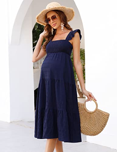 Image of KOJOOIN Womens Maternity Dress Summer Sleeveless Smocked Square Neck Ruffle Casual Boho Midi Dress Baby Shower Photoshoot